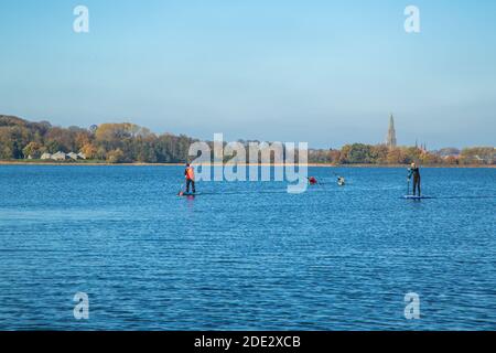 Kanufahren und Aktivität SUP, touristisches Highlight, Sport am See, Noor, Busdorf bei Schleswig, Schleswig-Holstein, Norddeutschland, Mitteleuropa Stockfoto