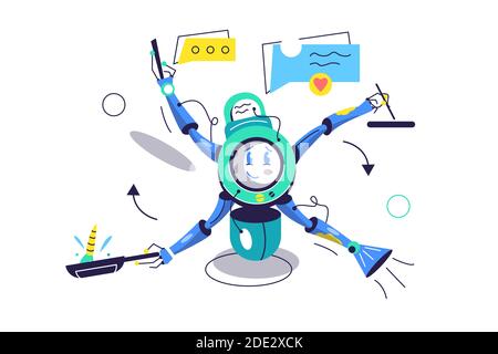 Elektrischer Roboterassistent in allen Geschäften im flachen Stil Stock Vektor