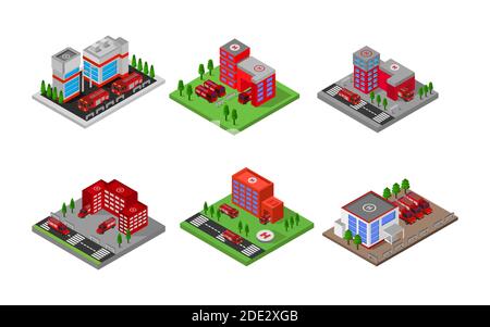 Satz Isometric Fire Station Vector Illustration Stock Vektor