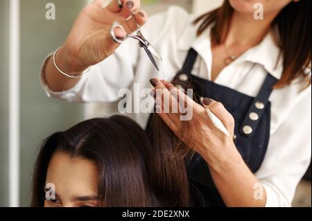 Friseur mit Schere schneidet Frauenhaare Stockfoto