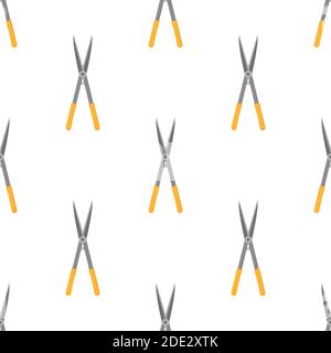 Nahtloses Muster mit Cartoon Gartenschere auf weißem Hintergrund. Gartenwerkzeug. Vektorgrafik für jedes Design. Stock Vektor