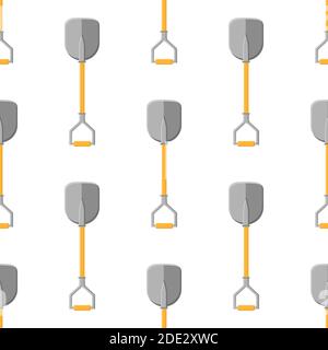 Nahtloses Muster mit Zeichentrickschaufeln auf weißem Hintergrund. Gartenspaten. Gartenwerkzeug. Vektorgrafik für jedes Design. Stock Vektor