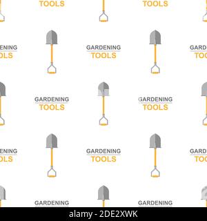 Nahtloses Muster mit Zeichentrickschaufeln auf weißem Hintergrund. Gartenspaten. Gartenwerkzeug. Vektorgrafik für jedes Design. Stock Vektor
