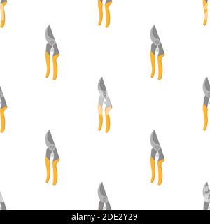 Nahtloses Muster mit Cartoon Gartenschere, Schere auf weißem Hintergrund. Gartenwerkzeug. Vektorgrafik für jedes Design. Stock Vektor