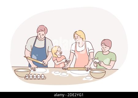 Erholung, Vaterschaft, Kochen, Familientag, Mutterschaft Konzept. Familie Mann Papa Frau Mutter Kinder Kinder Sohn Tochter Kocher Vorbereitung Kuchen in der Küche Stock Vektor
