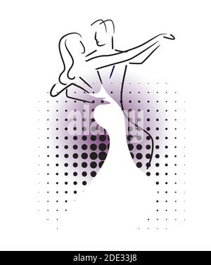 Balroom Tänzer Paar. Linie Kunst stilisierte Illustration von jungen Paar Tanz Ballsaal Tanz auf Halbton Raster Hintergrund. Vektor verfügbar. Stock Vektor