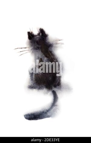 Rückansicht der sitzenden schwarzen Katze nassen Aquarell auf Papier Weiche primitive Illustrationen Stockfoto