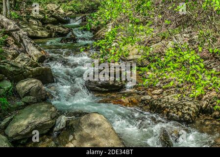 Ein Bach fließt vom Berg hinunter und spritzt über die Felsen und Felsbrocken mit Baumstämmen im Wasser und Schatten Vom hellen Sonnenlicht durch t gegossen Stockfoto