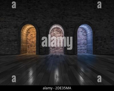 3d-Rendering-Bild von 3 Bogentür von Stein Ort auf dem Holzboden und alten Ziegelwand gemacht, differnt Farbe Lichteffekt durch Verwendung 3 verschiedene l gemacht Stockfoto
