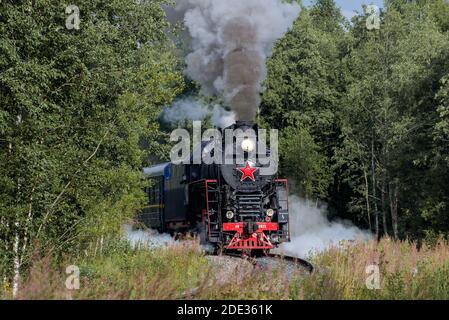 RUSKEALA, RUSSLAND - 15. AUGUST 2020: Der Ruskeala Express retro Zug verlässt die Kurve Stockfoto