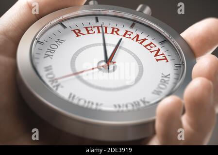 Hand hält eine konzeptionelle Uhr mit den Worten Ruhestand und Arbeit. Time to Rente-Konzept. Zusammengesetztes Bild zwischen einer Handfotografie und einem 3D-Backgr Stockfoto