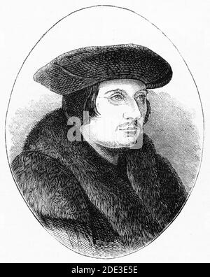 Gravur von Sir Thomas More (1478 – 1535), in der katholischen Kirche als St. Thomas More verehrt, war ein englischer Anwalt, Sozialphilosoph, Autor, Staatsmann und notierte Renaissance Humanist. Er diente auch Henry VIII als Lord High Chancellor von England von 1529 bis Mai 1532. Illustration aus "die Geschichte des Protestantismus" von James Aitken Wylie (1808-1890), Pub. 1878. Stockfoto