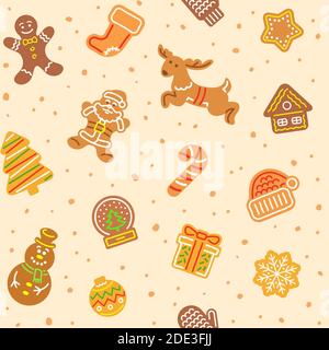 Weihnachten Lebkuchen Cookies nahtlose Vektor-Muster. Einfache Ikonen von Lebkuchenmann, Weihnachtsmann, Hirsch, Schneeflocke, Schneemann und andere Urlaub Symbol Stock Vektor