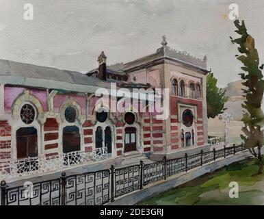 Original Aquarell Kunst Sirkeci Bahnhof historische Fasade von Orien express-Illustration Stockfoto