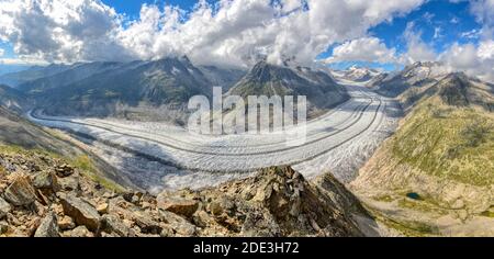 Aletschgletscher vom Eggishorn. Größte und längste Gletscher in Euopra, wallis schweiz. Panoramablick auf die jungfrau. Fantastische Aussicht / Panorama Stockfoto