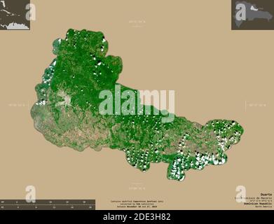 Duarte, Provinz Dominikanische Republik. Sentinel-2 Satellitenbilder. Form isoliert auf durchgehenden Hintergrund mit informativen Überlagerungen. Enthält geändert Stockfoto