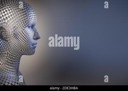Digitalisiertes Modell eines weiblichen menschlichen Kopfes. Science Fiction Roboterkonzept - Cyborg, künstliche Intelligenz. Stockfoto