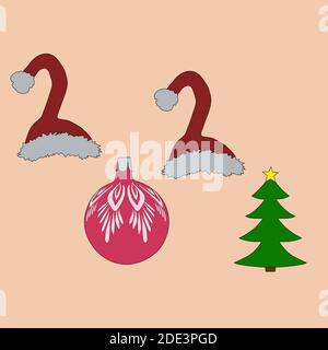 Die Inschrift 2021 ist ein Weihnachtsmütze, ein Christbaumschmuck und ein Weihnachtsbaum Stock Vektor