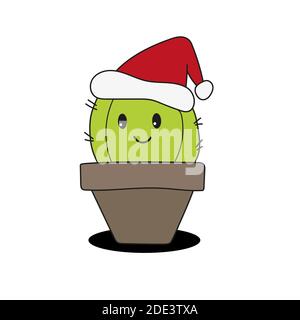 Niedlich und lustig Fett Kaktus trägt Weihnachtsmann Hut für Weihnachten und lächelnd - Vektor. Stock Vektor