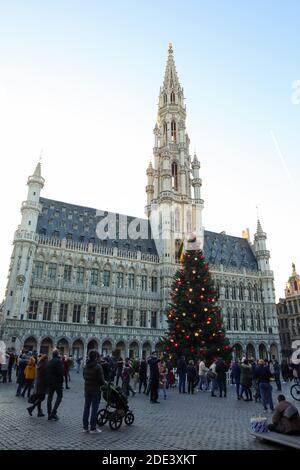 Brüssel, Belgien. November 2020. Am 28. November 2020 besuchen die Menschen den mit einem Weihnachtsbaum geschmückten Grand Place in Brüssel, Belgien. Der Weihnachtsbaum am Grand Place von Brüssel wurde in diesem Jahr mit dem Thema "neu" dekoriert. Quelle: Zheng Huansong/Xinhua/Alamy Live News Stockfoto
