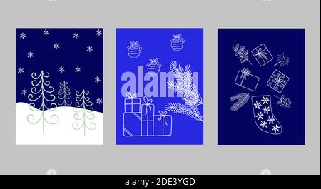 Frohe Weihnachten und Neujahr Grußkarten Set mit Hand Gezeichneter Umriss trendige Ornament für Winterurlaub Design Stock Vektor