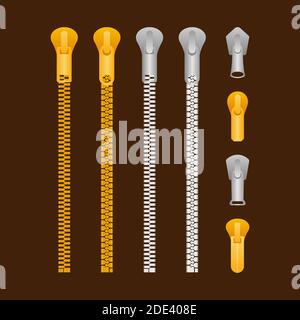 Mit Reißverschluss. Geschlossene und offene Reißverschlüsse und Abzieher aus Metall. Vektorgrafik. Stock Vektor