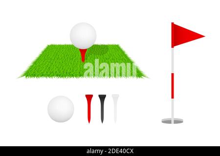 Golfclub, Golfflagge, Golfball und grünes Glas. Golf-Icon-Set. Vektorgrafik. Stock Vektor