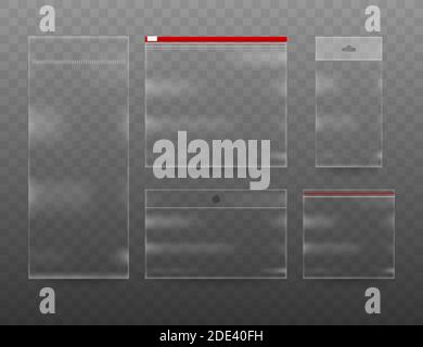 Sammlung von realistischen Plastiktüten auf dem transparenten Hintergrund. Vektorgrafik Stock Vektor