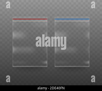 Sammlung von realistischen Plastiktüten auf dem transparenten Hintergrund. Vektorgrafik Stock Vektor