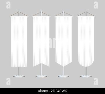 Signal weiß lange Sport Werbung Wimpel Banner Muster auf Stativständer Stützfuß realistische Set. Vektorgrafik. Stock Vektor