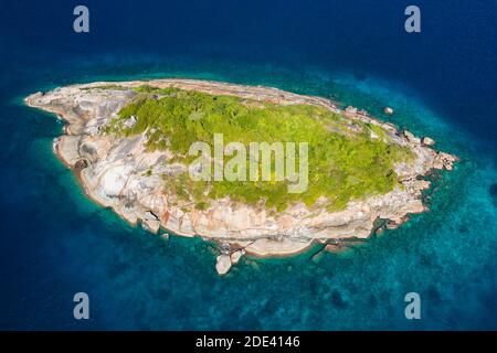 Luftdrohnenansicht einer winzigen, wunderschönen tropischen Insel, umgeben von Korallenriff und klarem Ozean. Stockfoto