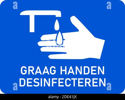 Graag Hände Desinfecteren ('Bitte desinfizieren Sie Ihre Hände' auf Niederländisch) Horizontales Instruktionssymbol mit einem Seitenverhältnis von 4:3. Vektorbild. Stock Vektor