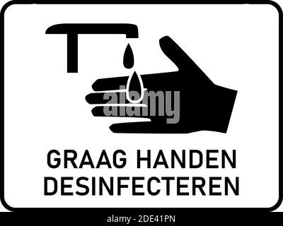 Graag Hände Desinfecteren ('Bitte desinfizieren Sie Ihre Hände' auf Niederländisch) Horizontales Instruktionssymbol mit einem Seitenverhältnis von 4:3. Vektorbild. Stock Vektor