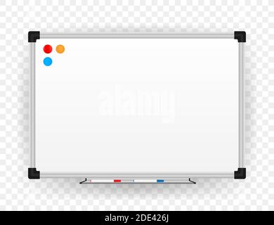 Realistisches Büro Whiteboard. Leeres Whiteboard mit Markierungsstiften. Vektorgrafik. Stock Vektor