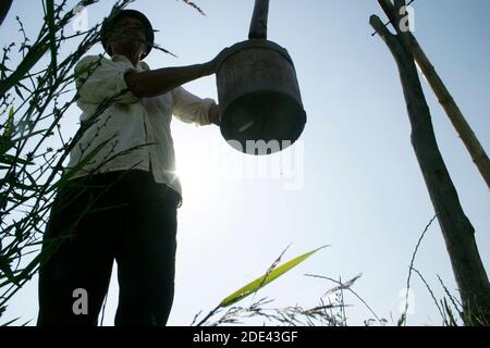 Mann auf dem Land Rumäniens, der Wasser aus einem Brunnen zieht Stockfoto