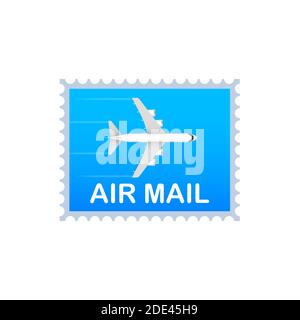 Blue Air Briefmarke und Flugzeug auf blauem Hintergrund. Vektorgrafik. Stock Vektor