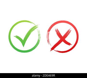 Kreuzen Sie die Zeichen an. Grünes Häkchen OK und rotes X-Symbol. Symbole JA und NEIN Taste für Abstimmung. Vektorgrafik. Stock Vektor