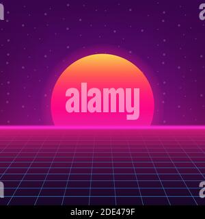 Futuristische Landschaft mit Stil Laser Raster. Neon Retrowave. Vector Illustration. Stock Vektor