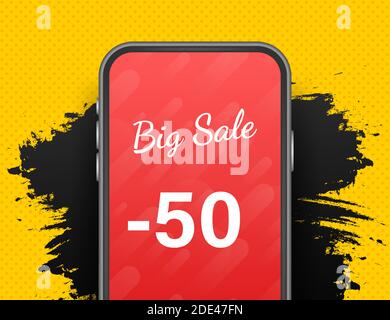 Angebot Angebot Konzept für mobile. Großer Verkauf auf Handy für Online-Marketing mit Messenger. Moderne flache Vektor-Illustration. Stock Vektor