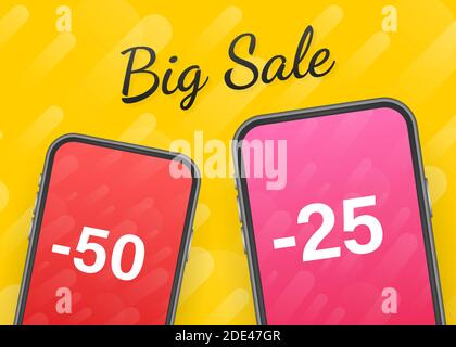 Angebot Angebot Konzept für mobile. Großer Verkauf auf Handy für Online-Marketing mit Messenger. Moderne flache Vektor-Illustration. Stock Vektor