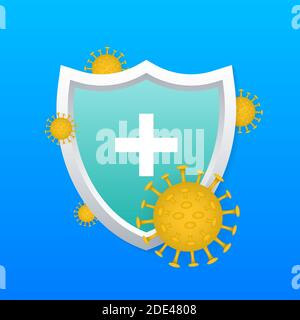 Konzept des Immunsystems. Medizinischer Schutz umgeben von Viren und Bakterien. Vektorgrafik. Stock Vektor