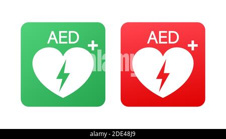 Schild für erste-Hilfe-Defibrillator. Weißes Herz-Symbol und weißes Kreuz-Symbol. Vektorgrafik. Stock Vektor