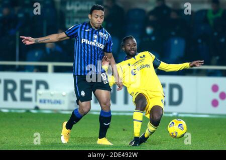 BERGAMO, ITALIEN - NOVEMBER 28: Luis Muriel von Atalanta, Adrien Tameze von Hellas Verona während der Serie EIN Spiel zwischen Atalanta und Hellas Verona in G Stockfoto