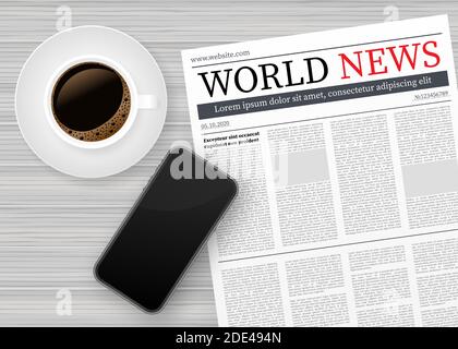 Vector Nachbau einer leeren Tageszeitung, Kaffee und Smartphone. Vollständig editierbare ganze Zeitung in Clipping-Maske. Vektorgrafik. Stock Vektor