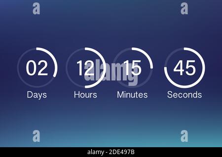 Vektor Countdown Uhr Zähler Timer. UI-app Digitale Countup Kreis Vorstand meter mit Kreis Zeit pie Diagramm. Anzeiger von Tag, Stunde, Minuten und Stock Vektor