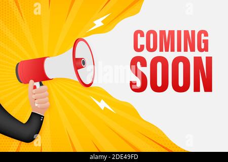 Hand halten Megaphon mit kommenden bald. Megaphon-Banner. Webdesign. Vektorgrafik. Stock Vektor