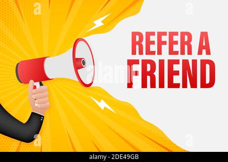 Hand halten Megaphon mit empfehlen einen Freund. Megaphon-Banner. Webdesign. Vektorgrafik. Stock Vektor