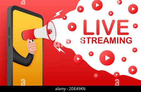 Live-Streaming, Megaphon kein Smartphone-Bildschirm. Kann für Geschäftskonzept verwendet werden. Werbung. Web-Video-Player. Vektorgrafik. Stock Vektor