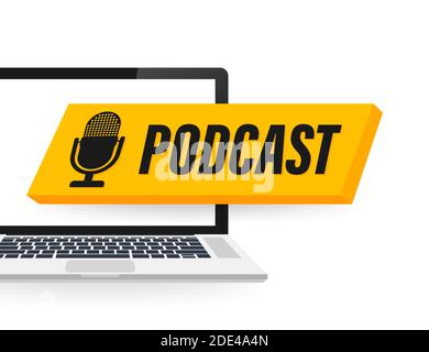 Podcast Badge auf Laptop-Bildschirm, Symbol, Stempel, Logo. Vektorgrafik. Stock Vektor