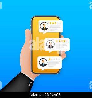 Bewertung Bewertung Blase Reden auf Handy Illustration, flache Stil Smartphone Bewertungen Sterne mit guten und schlechten Rate und Text. Vektormaterial Stock Vektor